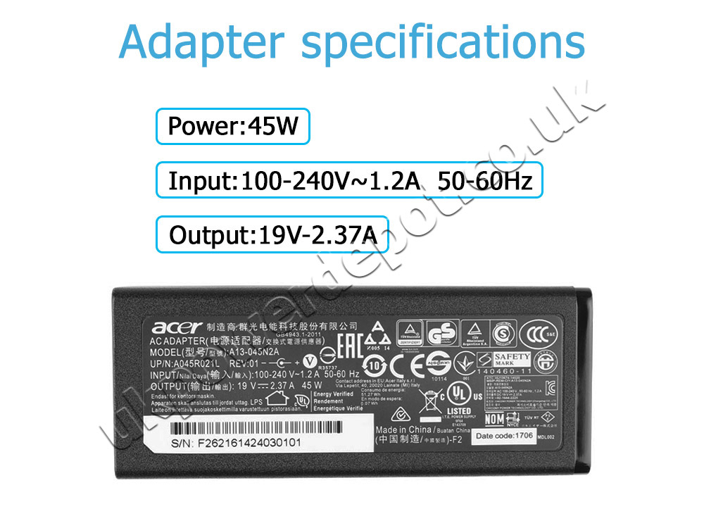 Original 45W Acer Spin 1 SP111-31-C0MZ AC Adapter Charger + Power Cord