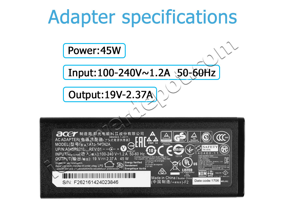 Original 45W Charger Acer RT270 S181HL Monitor AC Adapter