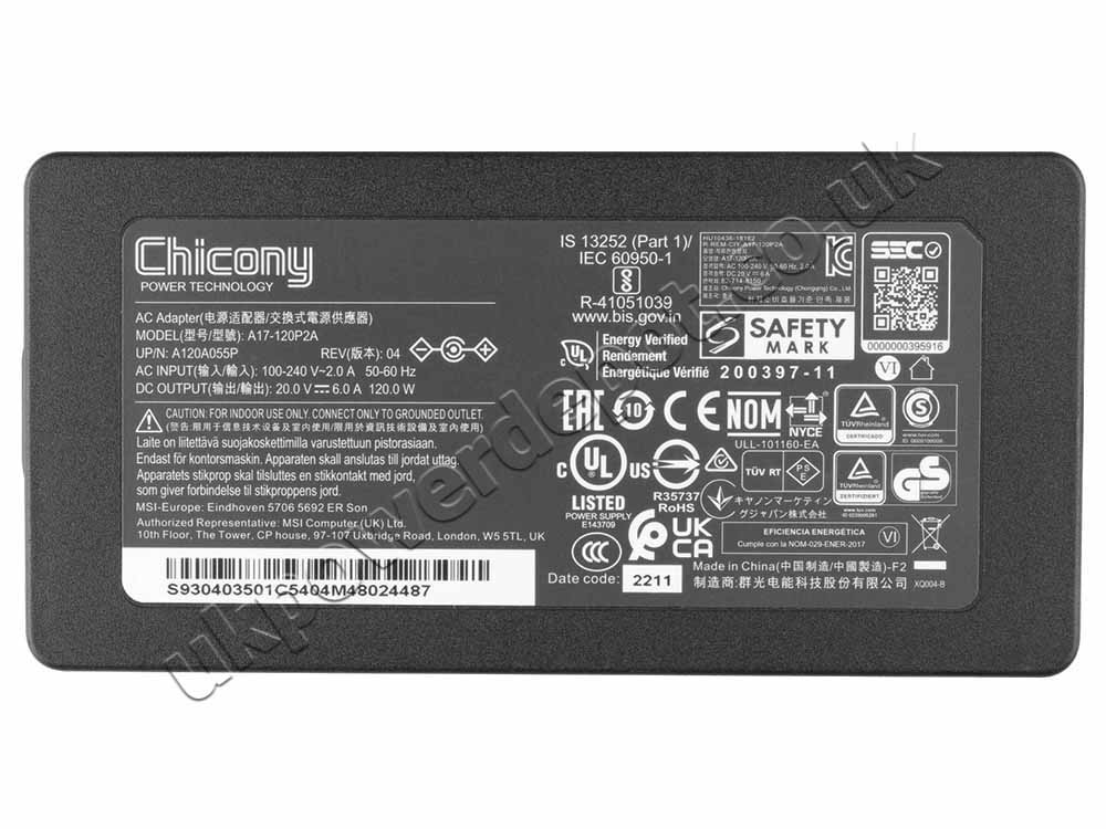 Original 120W Charger MSI Cyborg 15 A12VEK MS-15K1 AC Adapter + Cable