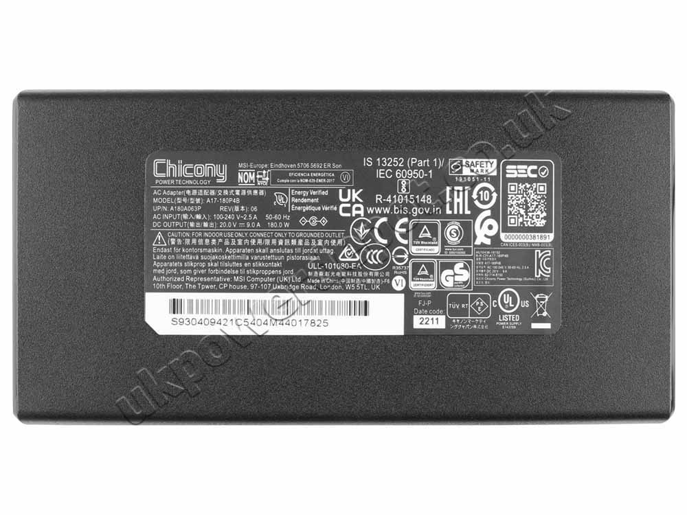 Original 180W Charger MSI Bravo 15 B7E AC Adapter + Cable