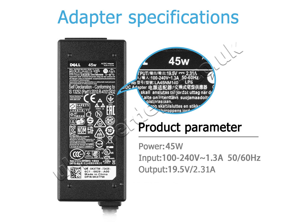 Original 45W Dell Inspiron 13 7375 7373 Charger AC Adapter + Cord