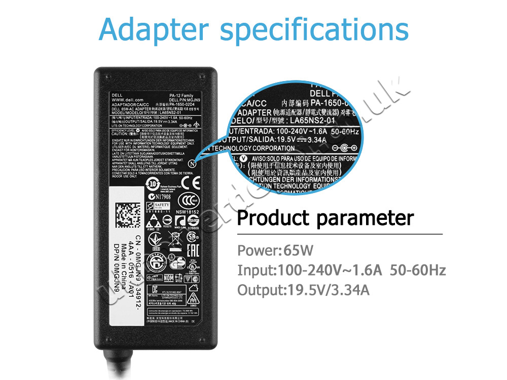 Original 65W Charger Dell Inspiron 14 5440 P185G P185G001 AC Adapter + Cable