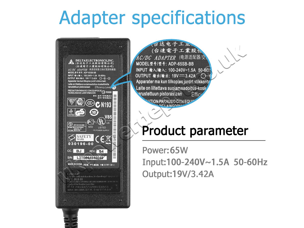 65W Clevo W25CSV W25CSW W840SU-T AC Adapter Charger Power Cord