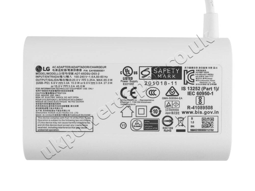 Original 65W USB-C Charger LG Gram 16Z90R-K.AAB7U1 AC Adapter + Cable