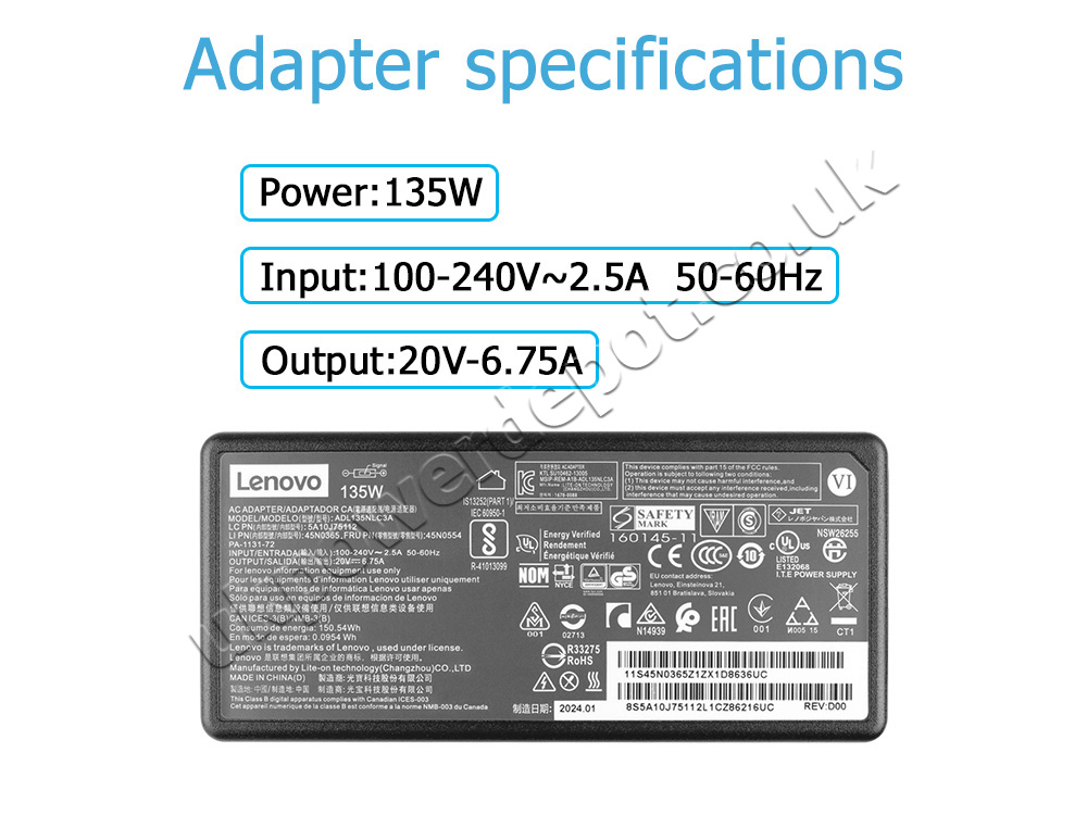 Original 135W Charger Lenovo ThinkCentre M75q Gen 5 12RQ AC Adapter + Cable
