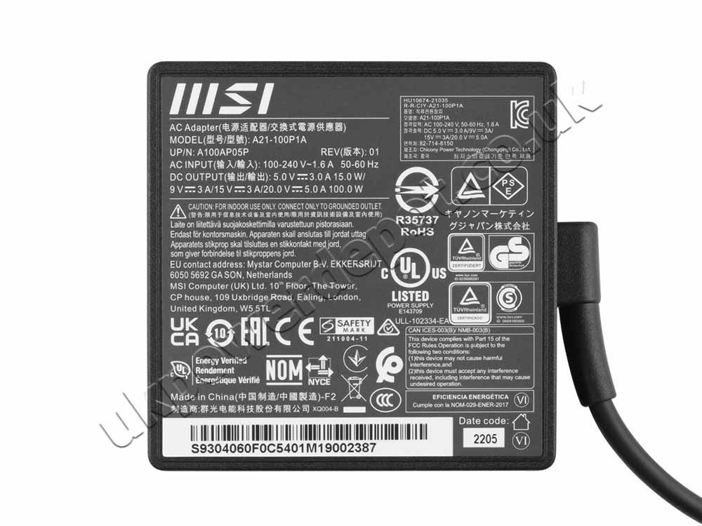 Original 100W USB-C Charger MSI Prestige 14 H B13UCX-601US AC Adapter + Cable
