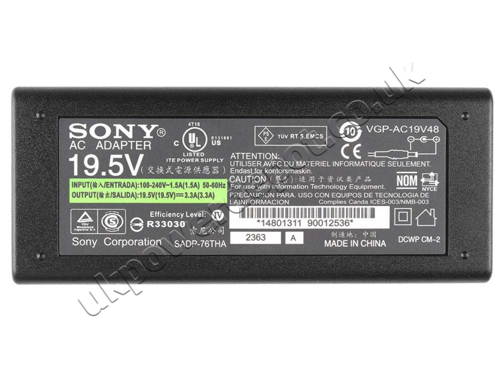 Original 65W Sony ADP-65UHF ADP-65UH F AC Adapter Charger Power Cord